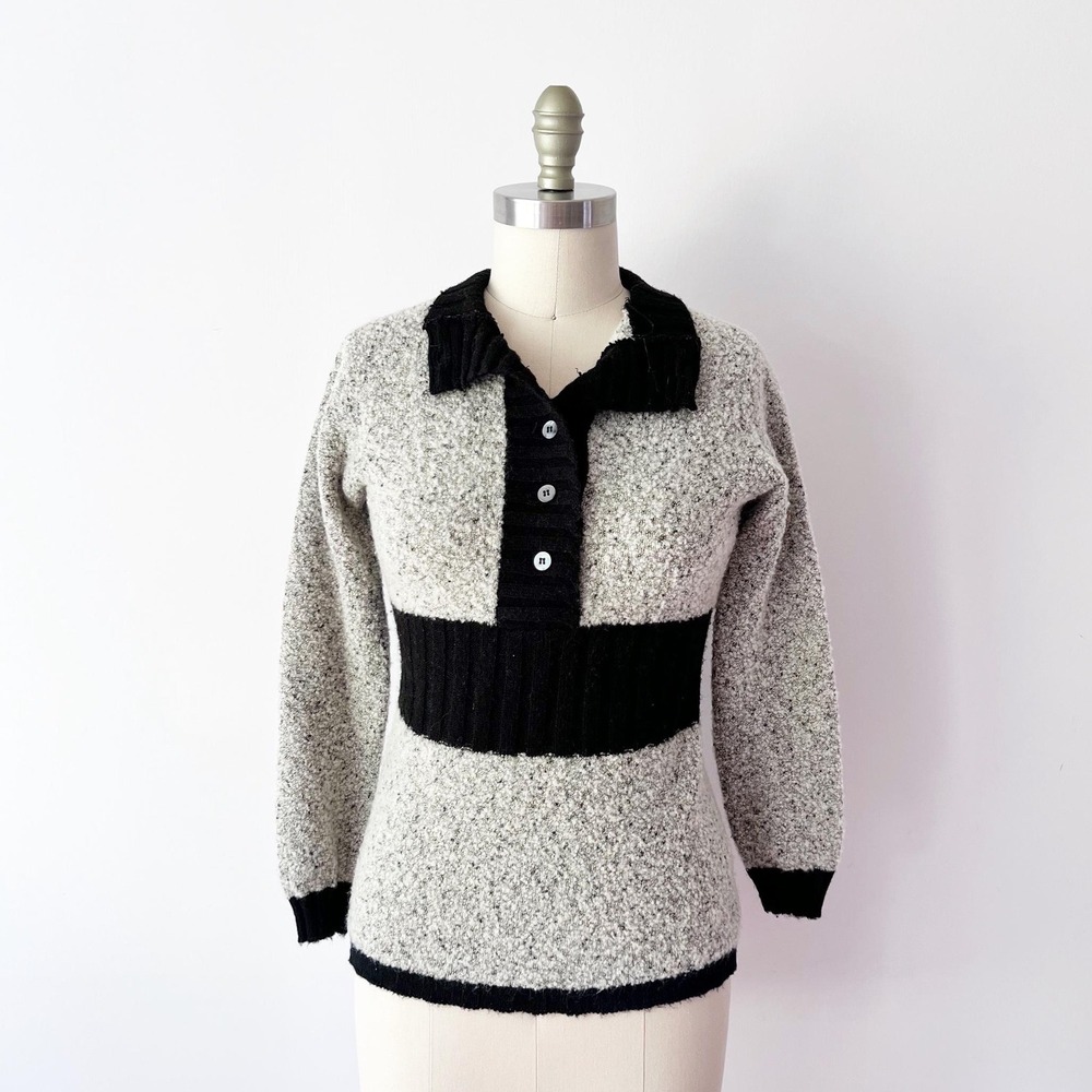SIZE XS/S Sheridan Sweater Gray Black Boucle Knit Mod Polo Collar Vintage 60s